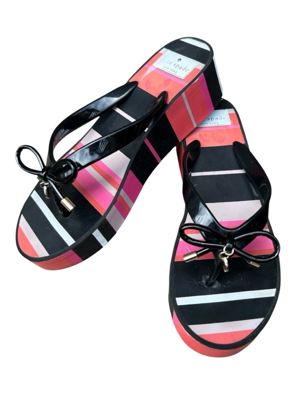 Kate Spade Rhett Peach Sherbet Striped Wedge Platform Sandals  Bow Size 6